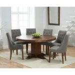 Torino 150cm Dark Solid Oak Round Pedestal Dining Table with Pacific Fabric Dark Oak Leg Chairs