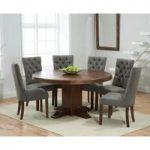 Torino 150cm Dark Solid Oak Round Pedestal Dining Table with Anais Fabric Dark Oak Leg Chairs