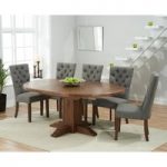 Torino Dark Solid Oak Extending Pedestal Dining Table with Anais Fabric Dark Oak Leg Chairs