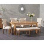 Somerset 180cm Oak Extending Dining Table with Camille Fabric Chairs and Camille Cream Fabric Bench